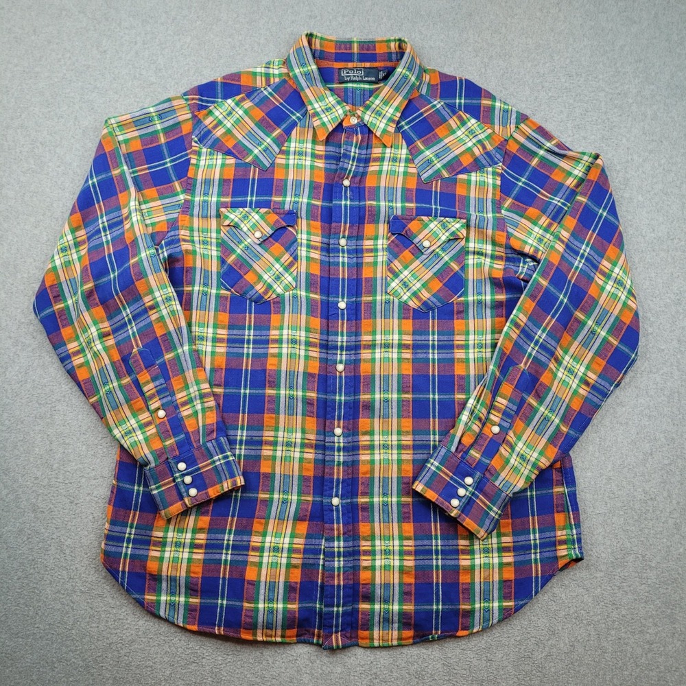Polo‎ Ralph Lauren Western Shirt Mens XL Blue Orange Plaid Pearl Snap Cotton